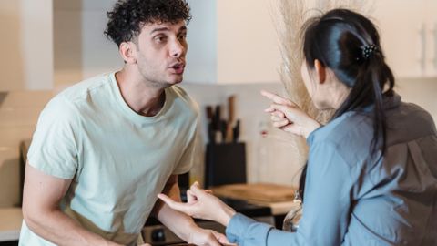 A couple engages in a heated discussion in a contemporary kitchen, highlighting relationship dynamics.
