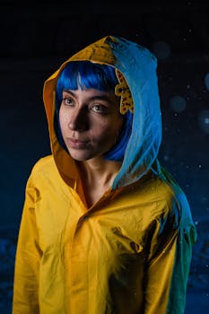 Stylish portrait of a woman with blue hair wearing a yellow raincoat, captured at night.