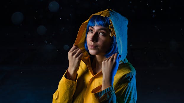 Close-up of a woman with blue hair in a yellow raincoat looking thoughtful at night.