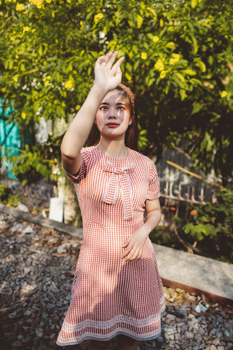 A Woman Wearing A Red Gingham Dress