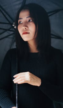 Stylish portrait of a woman under a black umbrella, wearing black long sleeves.