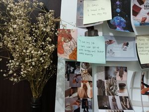 Wall of sketches, handwritten notes and magazine cut-outs