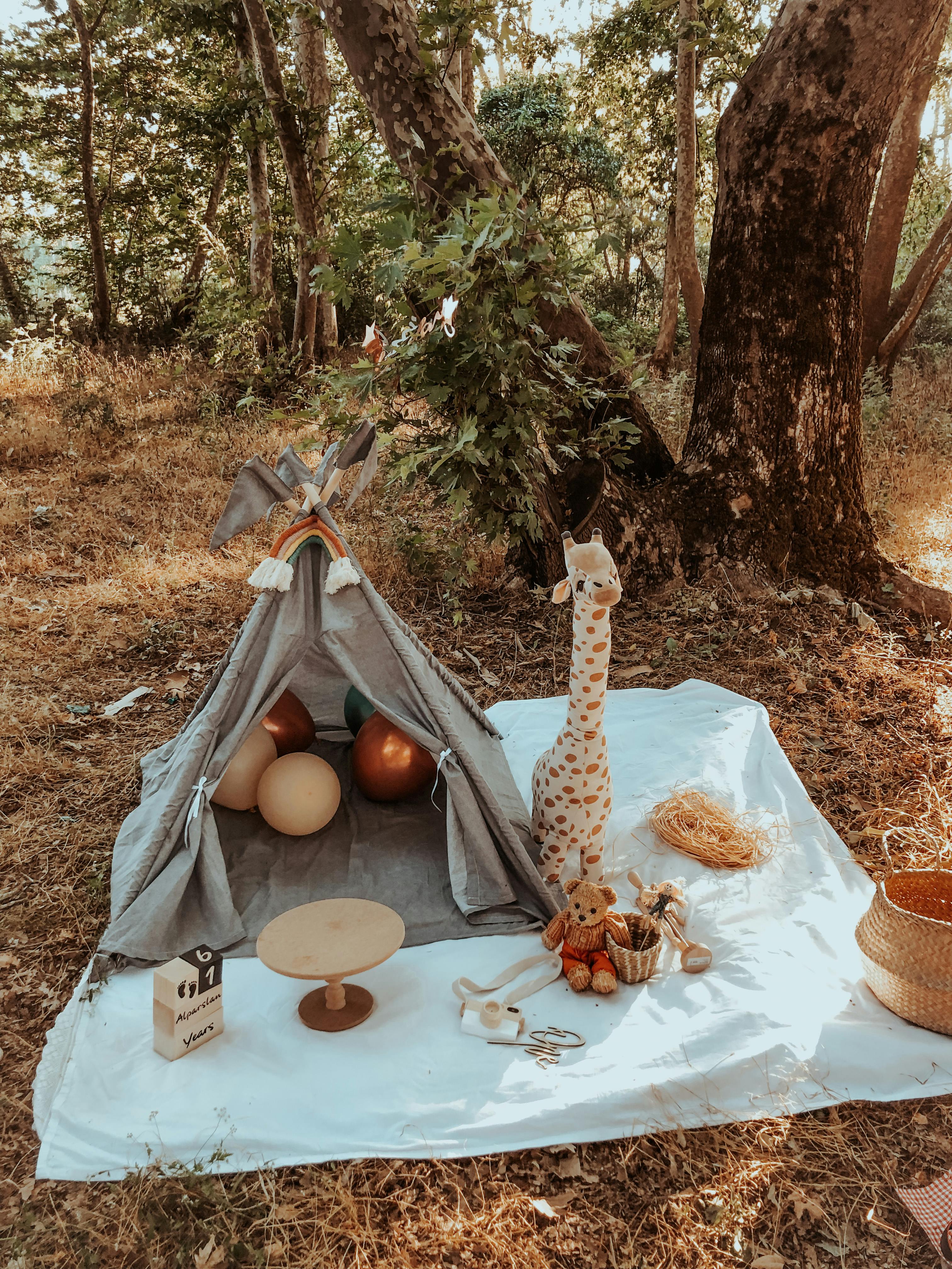 a tent with kid s toys on a picnic blanket