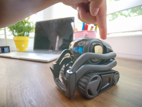 Close-up of a small interactive toy robot on an office desk, showcasing modern technology.