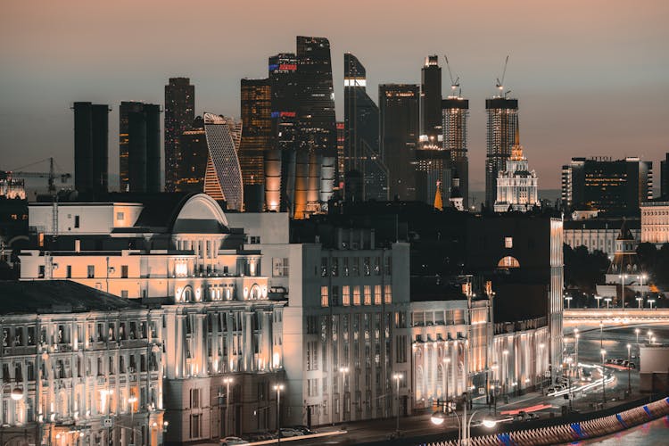 Cityscape Of Downtown Moscow, Russia At Night 