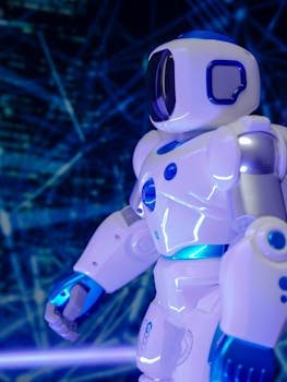 Close-up of a modern humanoid robot with glowing blue lights and futuristic design.