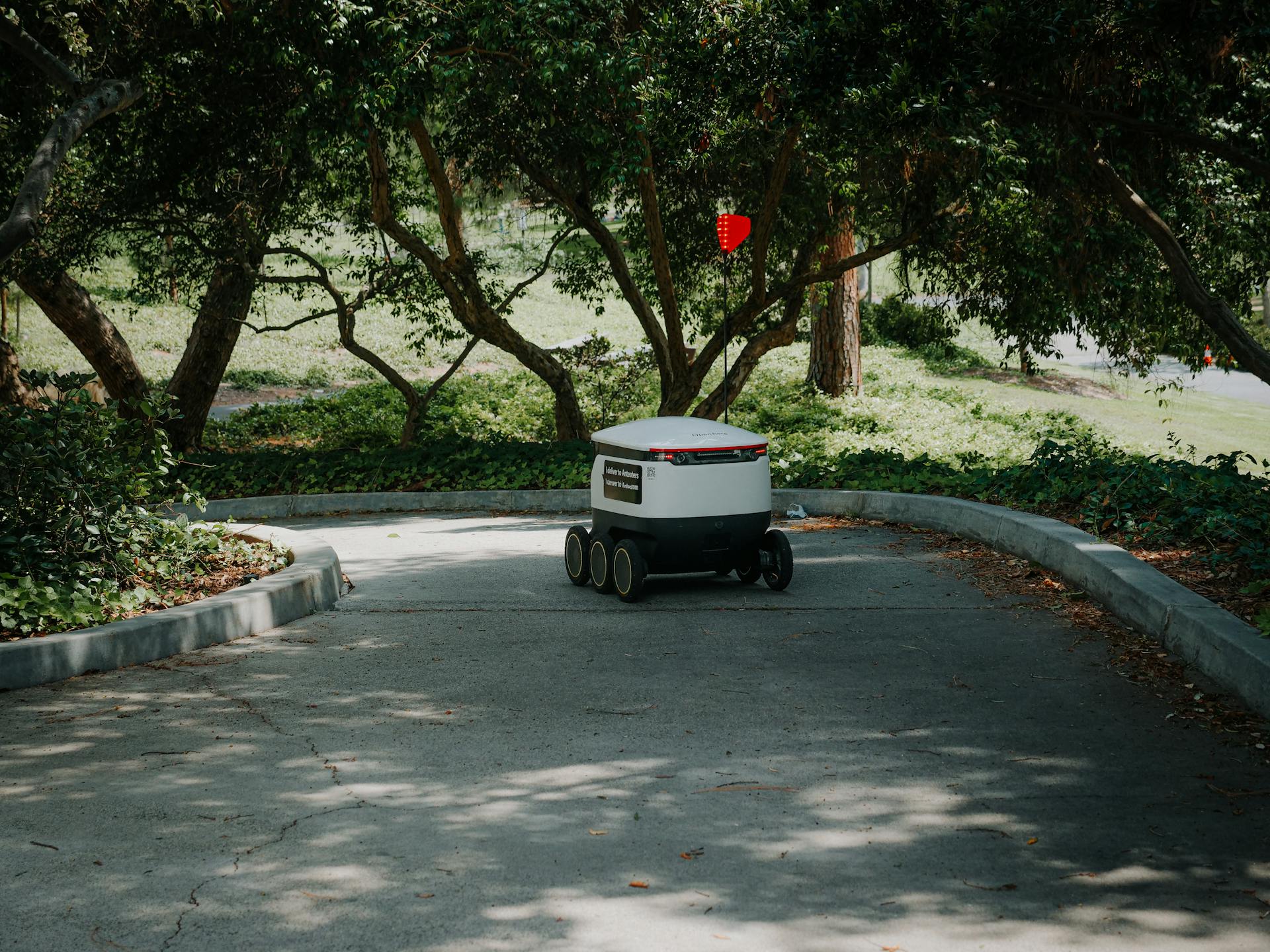 Delivery Robot on Pavement Under Trees