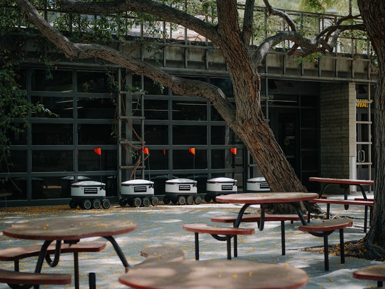 Unused Cafeteria Tables Under Trees