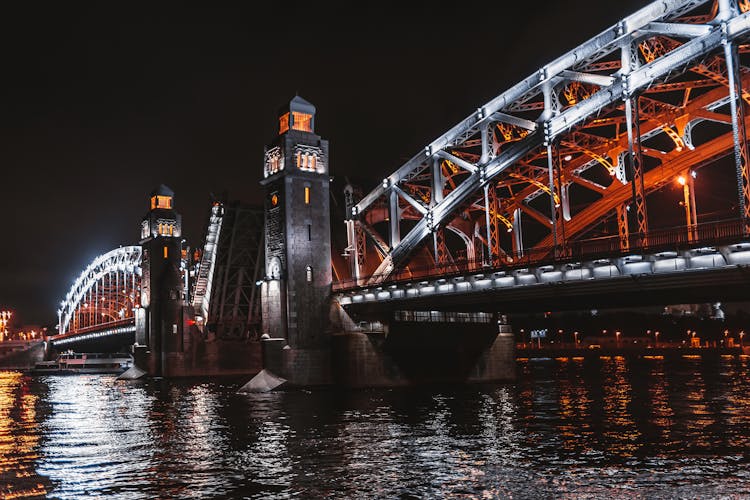 Bolsheokhtinsky Bridge At Night, St. Petersburg, Russia 