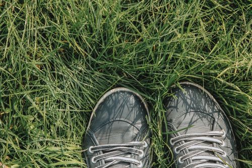Free Close-up of casual sneakers standing on lush green grass, highlighting outdoor relaxation. Stock Photo