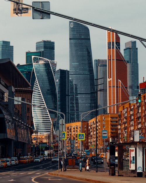 Free A vibrant scene of Moscow skyscrapers with bustling streets below, showcasing urban life. Stock Photo