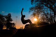 A Silhouette of a Person Skateboarding Near the Trees