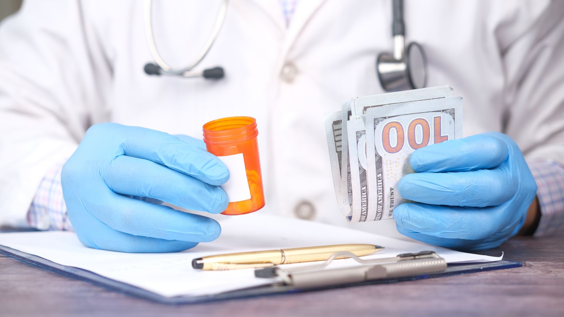 Modafinil Insurance Coverage Guide: Unlocking Your Benefits Doctor in gloves holding pill bottle and cash, highlighting medical expenses — modafinil insurance coverage guide