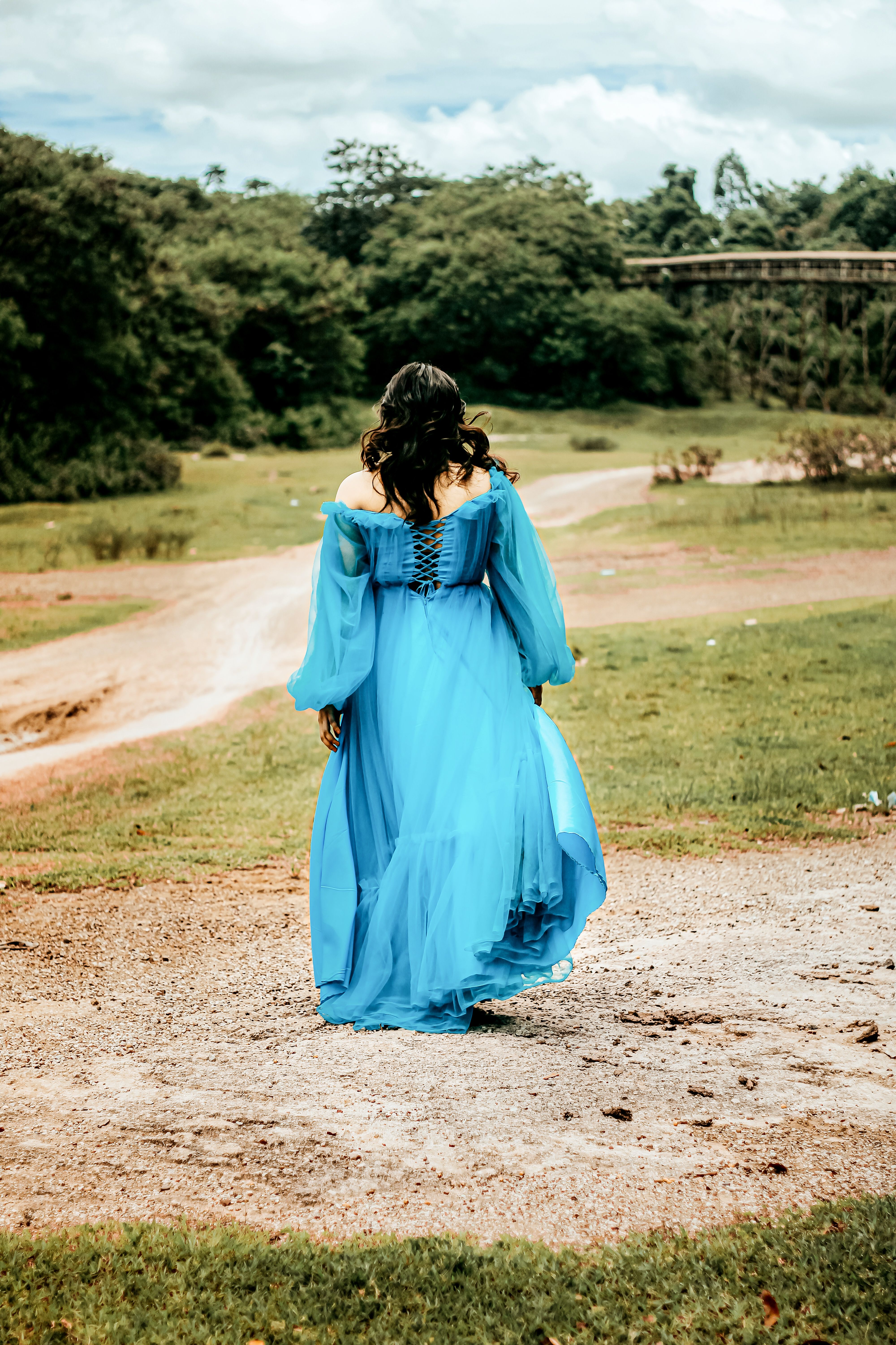 A Woman in Blue Dress Walking on the Field · Free Stock Photo
