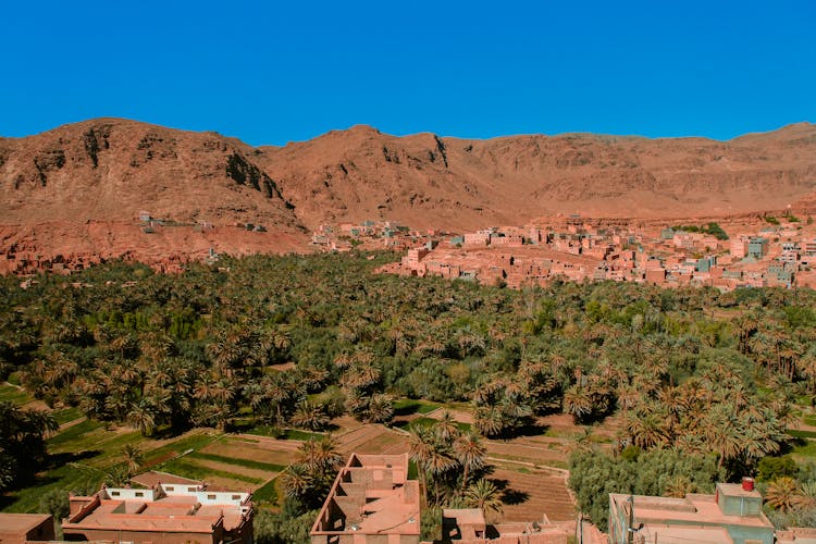 Aerial View Of Houses At The Foot Of Atlas Mountains 