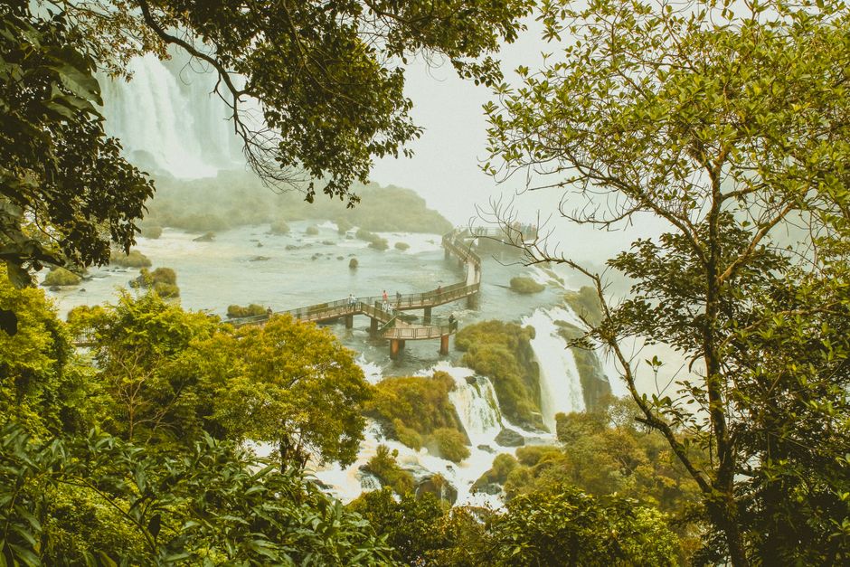 Misty view of Iguazu Falls in Argentina during heavy rainfall
