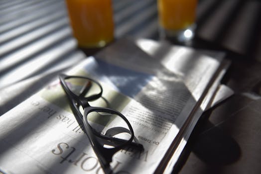 A pair of eyeglasses on a newspaper, next to orange juice in natural light.