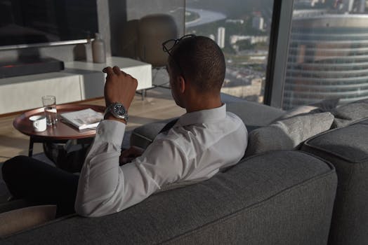 Businessman in a modern apartment enjoying a city view, wearing a wristwatch.