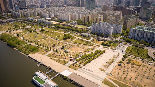 Aerial View of High Rise Buildings and a Park 