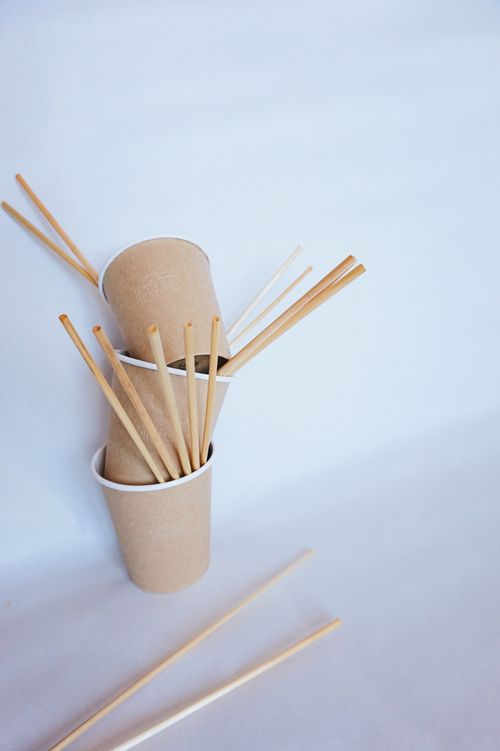 Free Still life of eco-friendly paper cups with wooden stirrers on a white background. Stock Photo