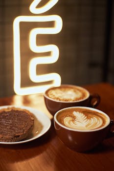 Delightful cappuccino and latte art next to a brownie, illuminated by a neon sign.