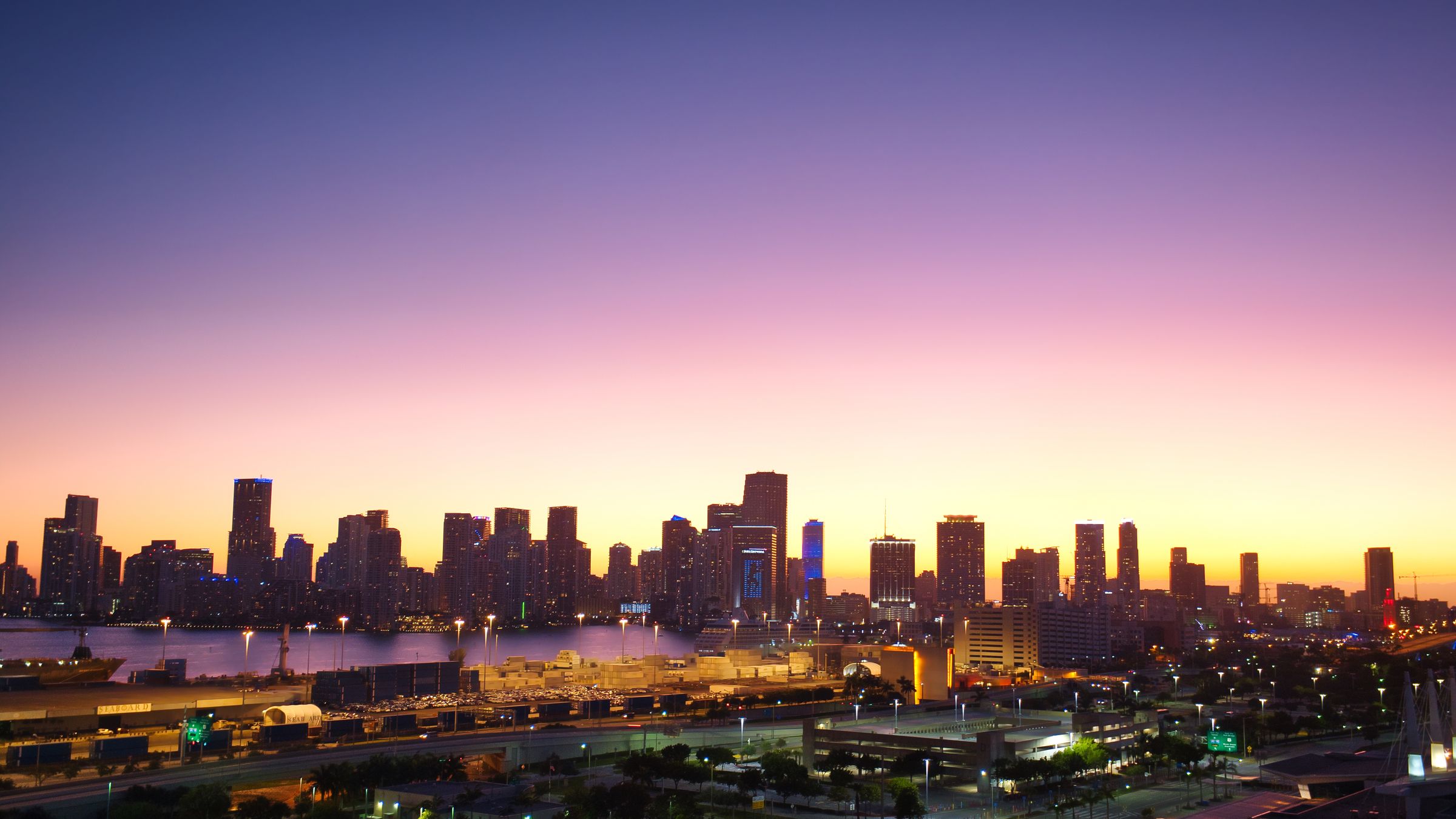 Aerial view of the Miami skyline at sunrise