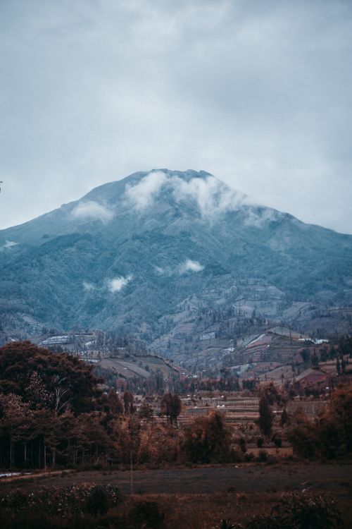 Free Serene mountain landscape featuring lush greenery and misty clouds enveloping the peak. Stock Photo