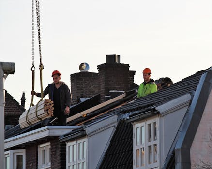 Workers operate on a rooftop under construction in the Netherlands, showcasing teamwork and safety.