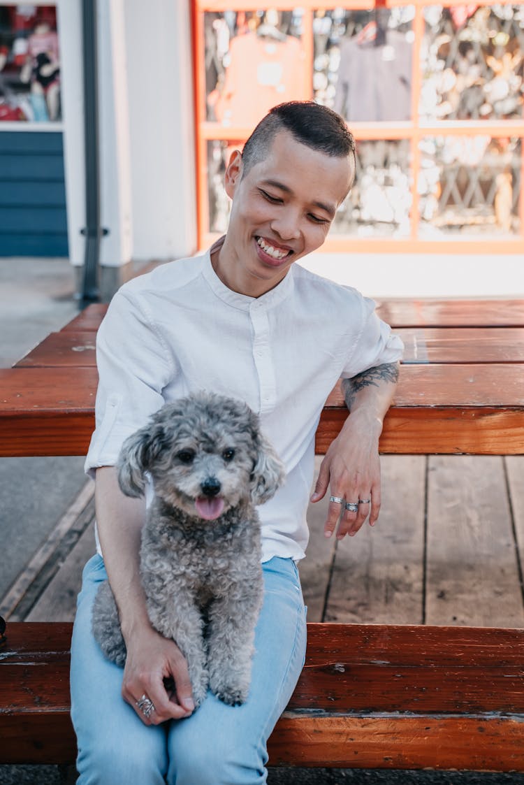 Smiling Man Looking At His Gray Poodle