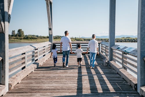 Back View of a Family Holding Each Other's Hands while Walking on the Boardwalk