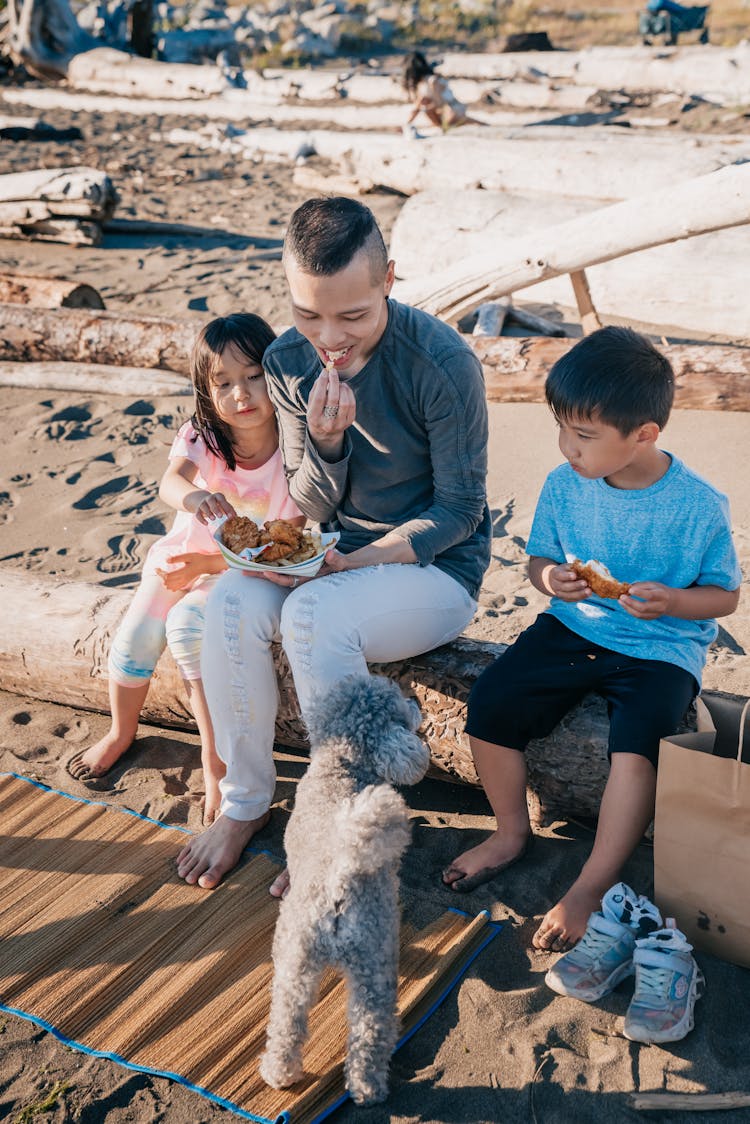 Family Sitting On A Log While Eating Snacks