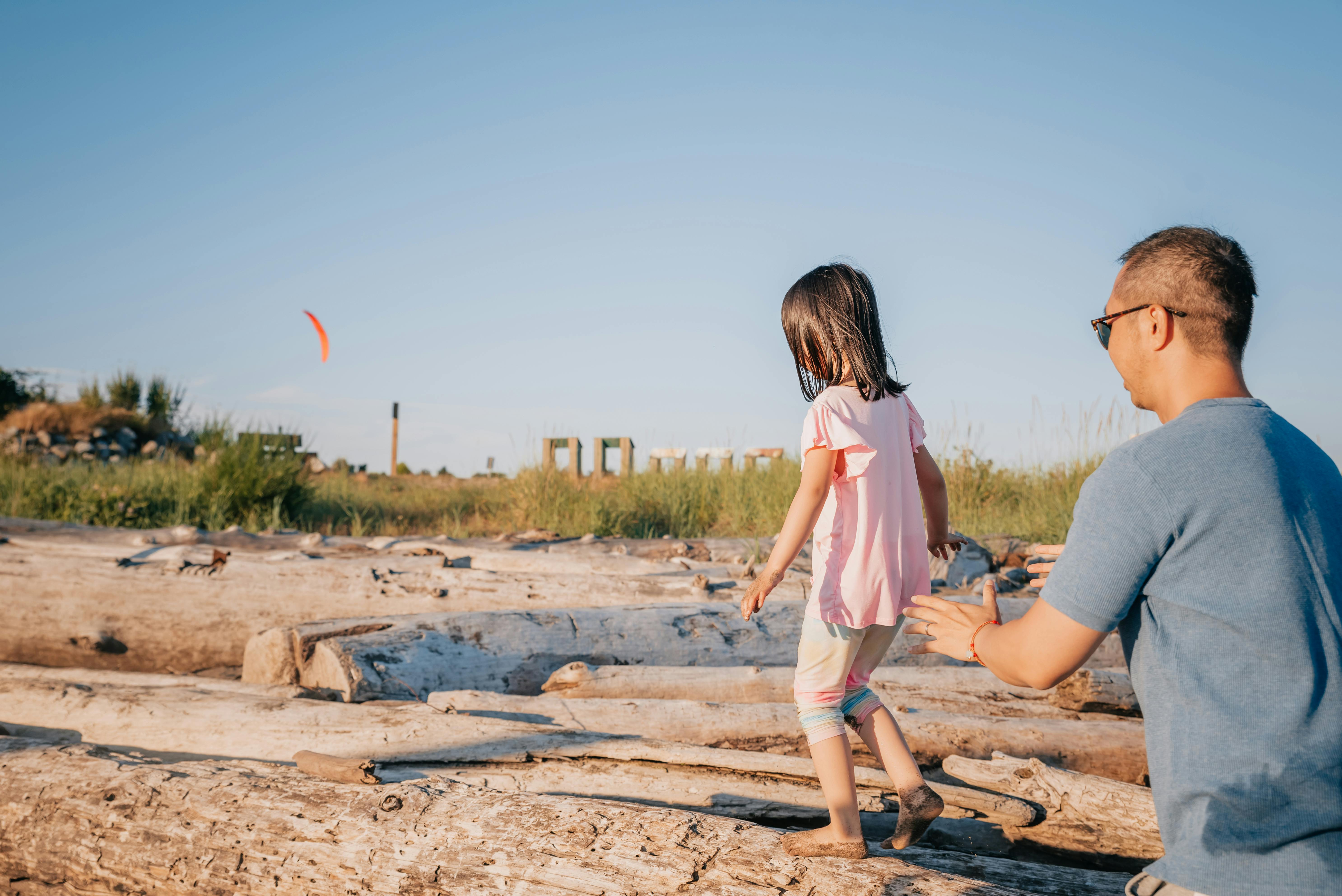 Father guiding his daughter across driftwood on a sunny day, capturing a moment of bonding.