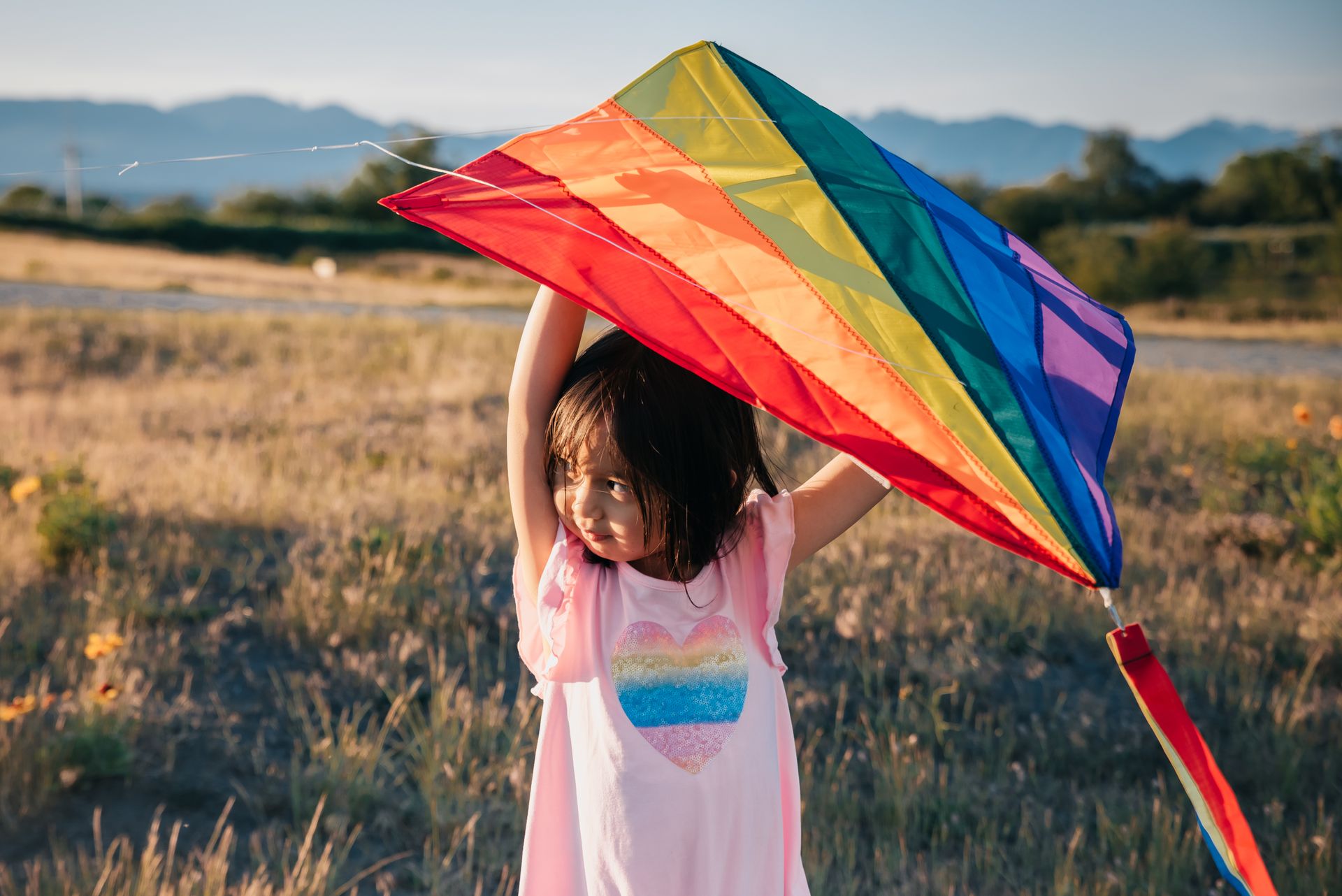 Young girl plays outdoors with a colorful kite on a sunny day, enjoying leisure time.