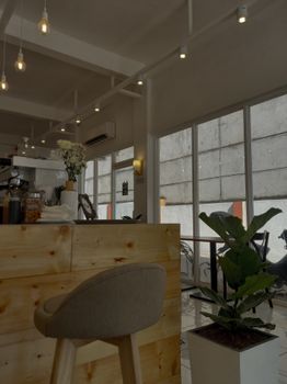 Bright and cozy cafe interior featuring wooden decor, house plants, and stylish lighting.