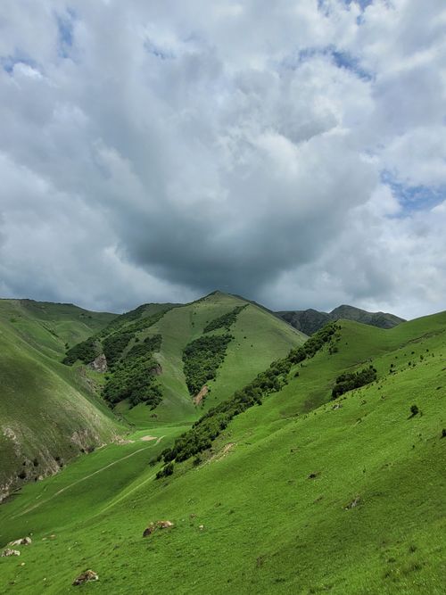 Free Vibrant green hills under an overcast sky in Eltyubyu, Russia, showcasing serene nature. Stock Photo