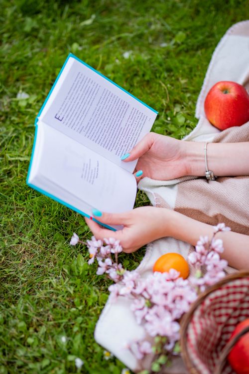 Free A serene outdoor scene of reading a book during a picnic with apples and flowers. Stock Photo