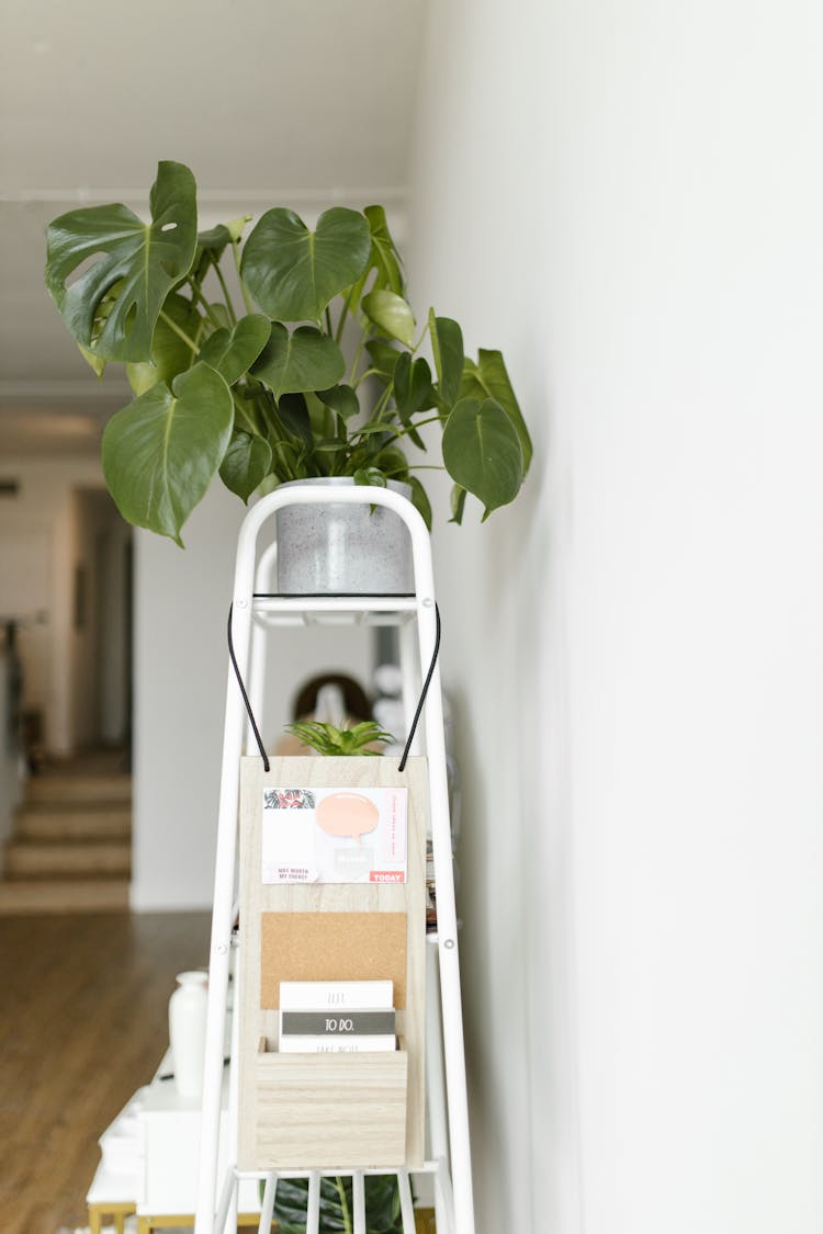 Wooden Organizer Hanging On A White Steel Rack 