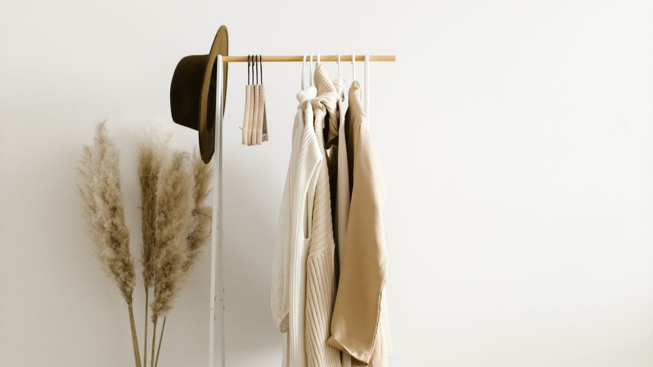 Beginner capsule wardrobe with neutral clothing Organized clothing rack representing a practical capsule wardrobe for beginners