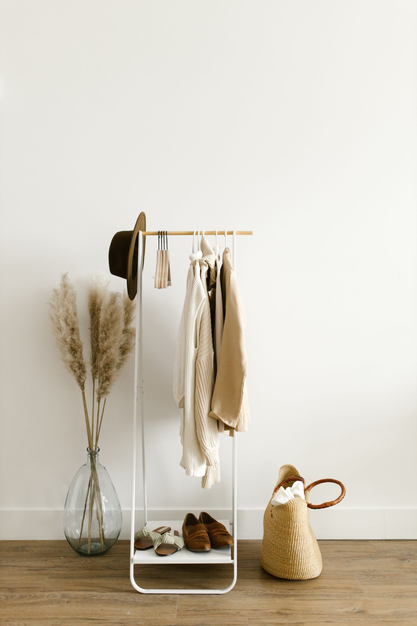 Neutral minimalist clothing rack with no people