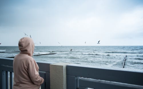 A Person with Hoodie Jacket Standing on the Viewing Platform by the Sea