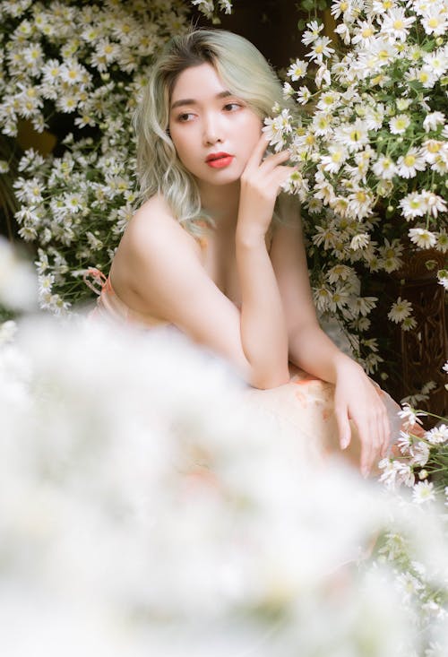 Základová fotografie zdarma na téma asijský, bílé květy, blond