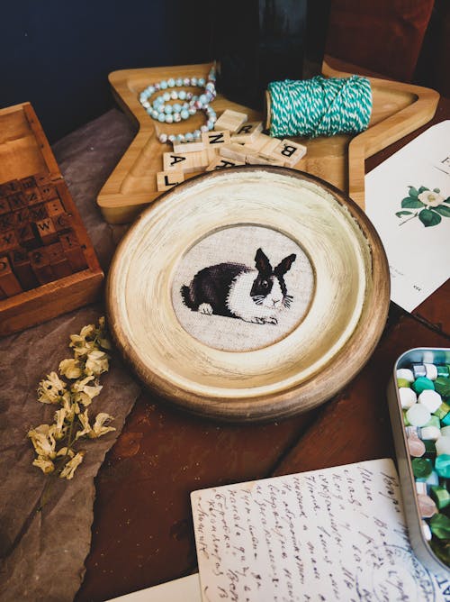 Rabbit Artwork on Wooden Plate