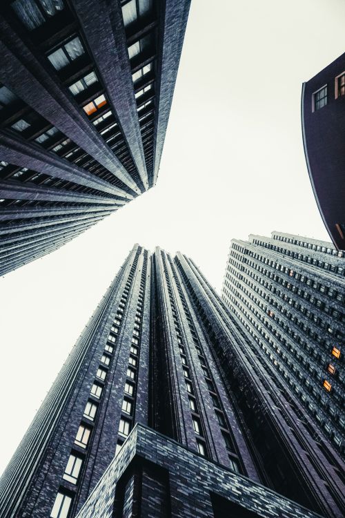 Free Dynamic low angle perspective of towering skyscrapers against a white sky. Stock Photo