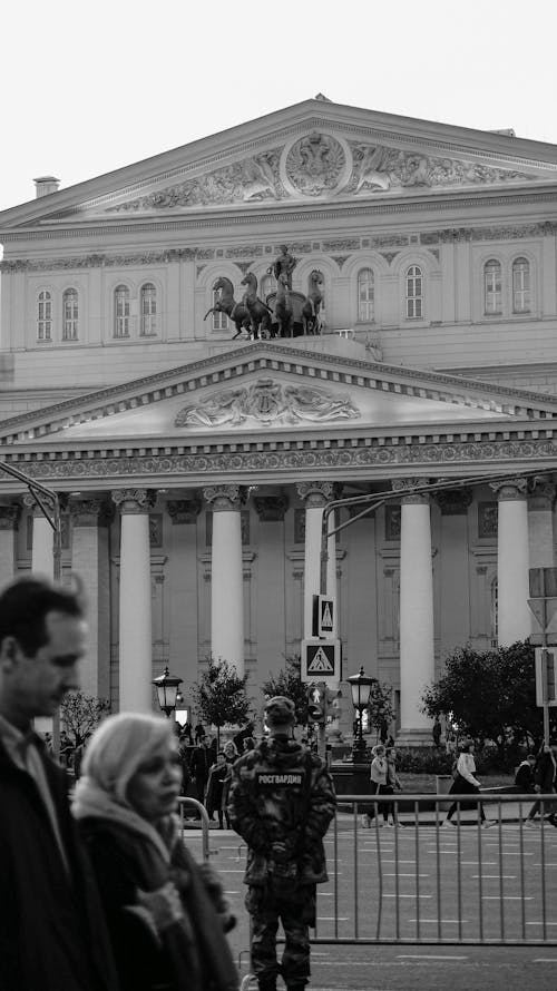 Black and White Photo of People in Front of the Bolshoi Theatre