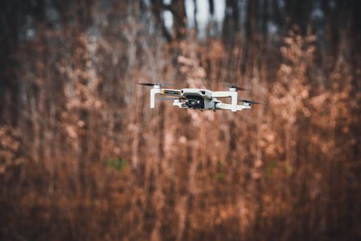 A drone navigating through a scenic autumn forest, showcasing aerial technology.