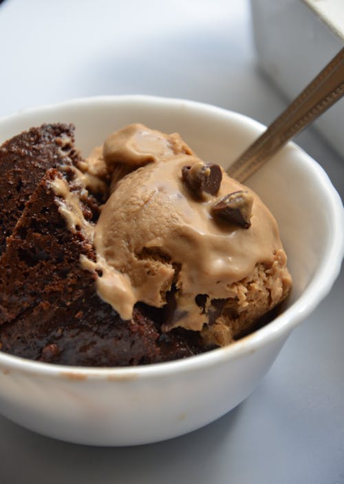 Close-up Shot of Chocolate Ice Cream in White Ceramic Bowl