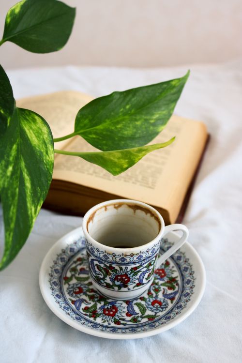 Free A vibrant ceramic cup beside green leaves and an open book on a white surface. Stock Photo