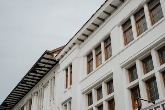 Low-angle shot of a white building with symmetrical windows against a cloudy sky, showcasing modern architectural design.