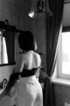 Monochrome image of a woman in a stylish setting, featuring back view.