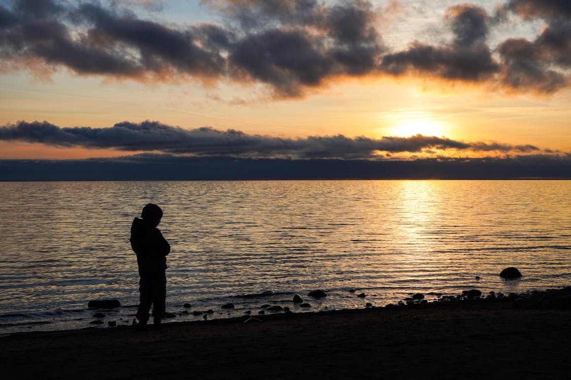 Silhouette of a Person Standing at the Beach during Sunset